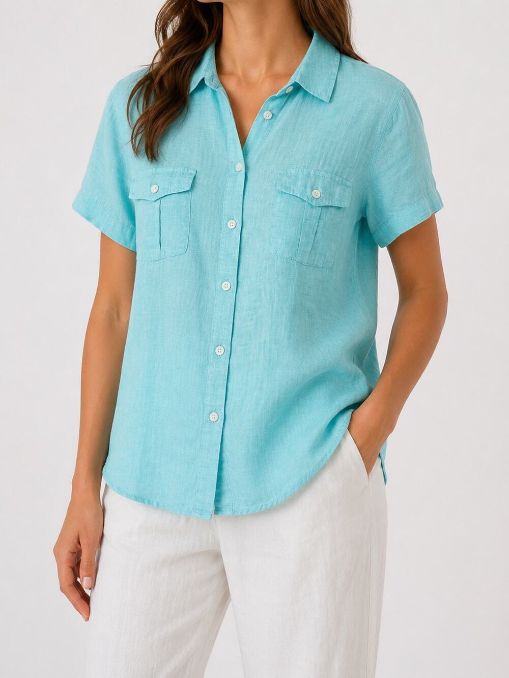 L.L. Bean Women's Aqua 100% Linen Short Sleeve Button Shirt XL Summer Vacation